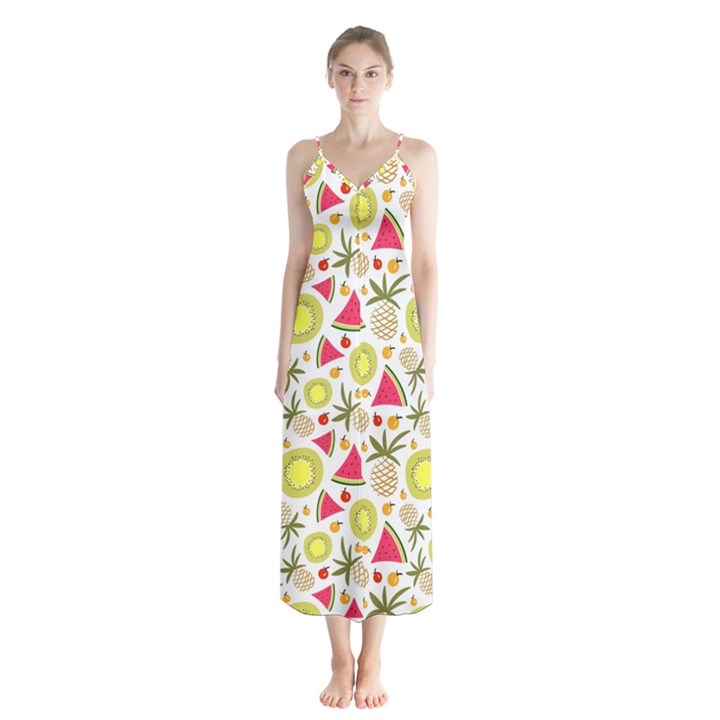 Summer Fruits Pattern Button Up Chiffon Maxi Dress