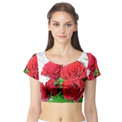 A Bouquet Of Roses On A White Background Short Sleeve Crop Top (tight Fit) by Nexatart