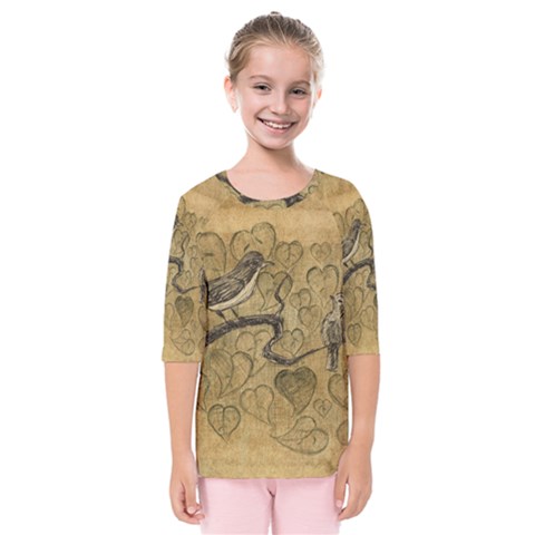 Birds Figure Old Brown Kids  Quarter Sleeve Raglan Tee by Nexatart