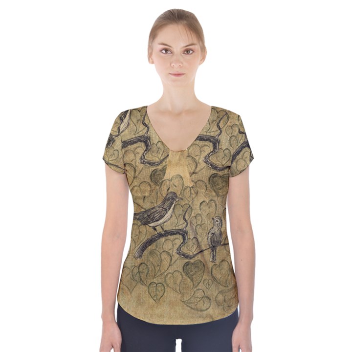 Birds Figure Old Brown Short Sleeve Front Detail Top