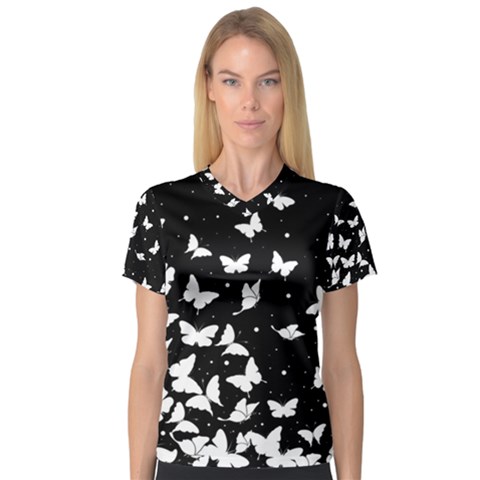 Butterfly Pattern Women s V-neck Sport Mesh Tee by Valentinaart