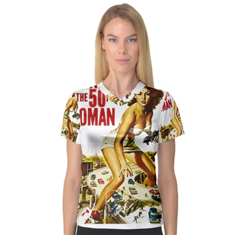 Attack Of The 50 Ft Woman Women s V-neck Sport Mesh Tee by Valentinaart