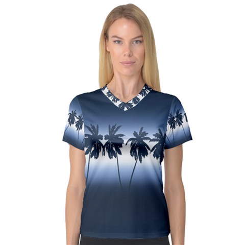 Tropical Sunset Women s V-neck Sport Mesh Tee by Valentinaart