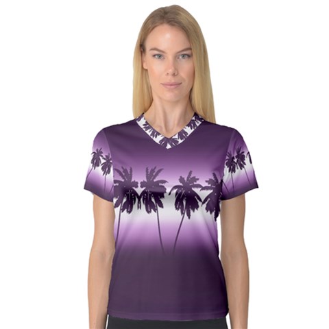 Tropical Sunset Women s V-neck Sport Mesh Tee by Valentinaart