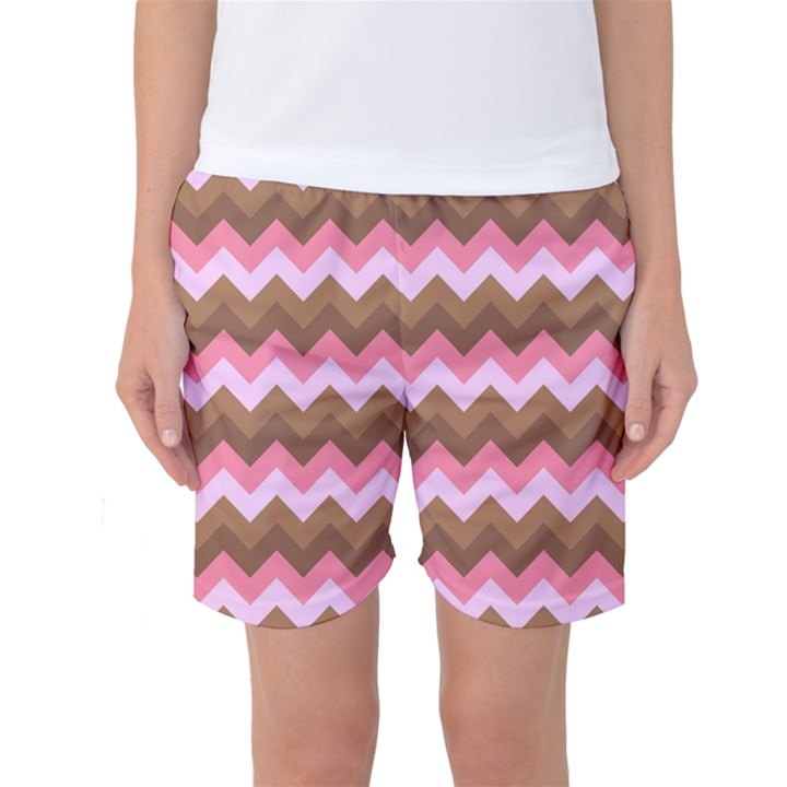 Shades Of Pink And Brown Retro Zigzag Chevron Pattern Women s Basketball Shorts