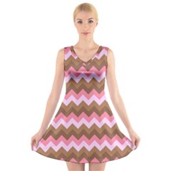 Shades Of Pink And Brown Retro Zigzag Chevron Pattern V-neck Sleeveless Skater Dress by Nexatart