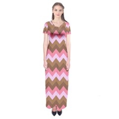 Shades Of Pink And Brown Retro Zigzag Chevron Pattern Short Sleeve Maxi Dress by Nexatart