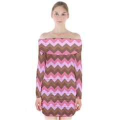 Shades Of Pink And Brown Retro Zigzag Chevron Pattern Long Sleeve Off Shoulder Dress by Nexatart