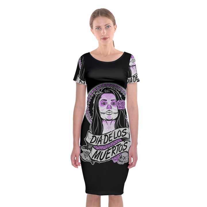 Dia De Los Muertos Classic Short Sleeve Midi Dress