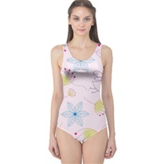 Pretty Summer Garden Floral Bird Pink Seamless Pattern One Piece Swimsuit by Nexatart