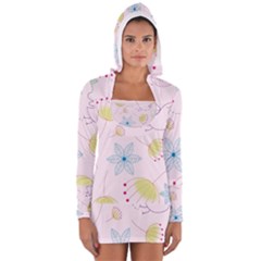 Pretty Summer Garden Floral Bird Pink Seamless Pattern Women s Long Sleeve Hooded T-shirt by Nexatart