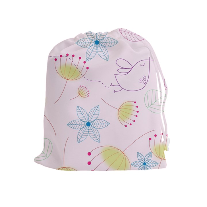 Pretty Summer Garden Floral Bird Pink Seamless Pattern Drawstring Pouches (Extra Large)