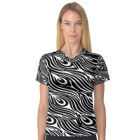 Digitally Created Peacock Feather Pattern In Black And White Women s V-neck Sport Mesh Tee by Nexatart