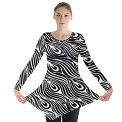 Digitally Created Peacock Feather Pattern In Black And White Long Sleeve Tunic  by Nexatart