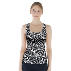 Digitally Created Peacock Feather Pattern In Black And White Racer Back Sports Top by Nexatart