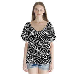 Digitally Created Peacock Feather Pattern In Black And White Flutter Sleeve Top by Nexatart