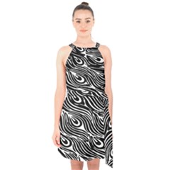 Digitally Created Peacock Feather Pattern In Black And White Halter Collar Waist Tie Chiffon Dress