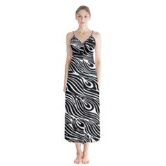 Digitally Created Peacock Feather Pattern In Black And White Button Up Chiffon Maxi Dress by Nexatart