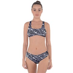 Digitally Created Peacock Feather Pattern In Black And White Criss Cross Bikini Set by Nexatart