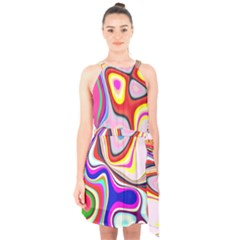 Colourful Abstract Background Design Halter Collar Waist Tie Chiffon Dress