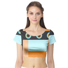 Orange, Aqua, Black Spots And Stripes Short Sleeve Crop Top (tight Fit) by digitaldivadesigns