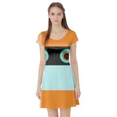 Orange, Aqua, Black Spots And Stripes Short Sleeve Skater Dress by digitaldivadesigns