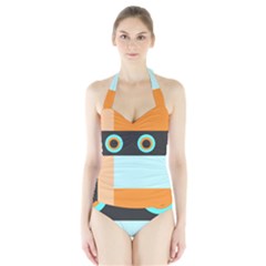 Orange, Aqua, Black Spots And Stripes Halter Swimsuit by digitaldivadesigns