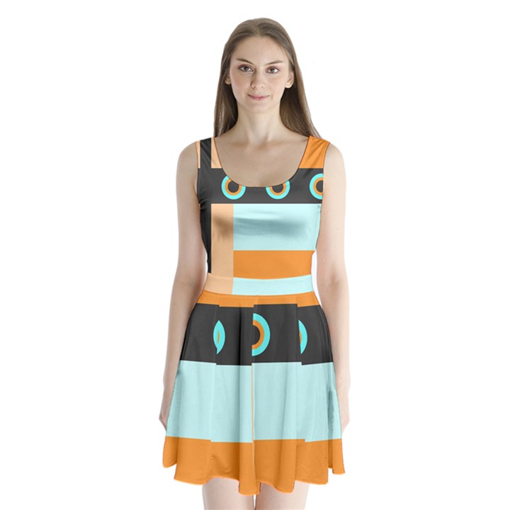 Orange, Aqua, Black Spots and Stripes Split Back Mini Dress 