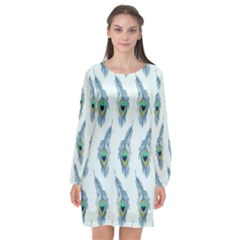 Background Of Beautiful Peacock Feathers Long Sleeve Chiffon Shift Dress 