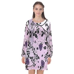 Floral Pattern Background Long Sleeve Chiffon Shift Dress 