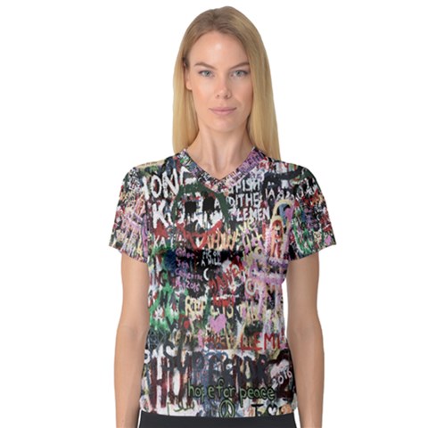 Graffiti Wall Pattern Background Women s V-neck Sport Mesh Tee by Nexatart