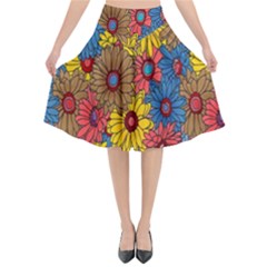 Background With Multi Color Floral Pattern Flared Midi Skirt