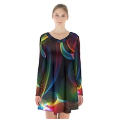 Abstract Rainbow Twirls Long Sleeve Velvet V-neck Dress