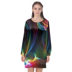 Abstract Rainbow Twirls Long Sleeve Chiffon Shift Dress 