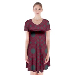 Blue Hot Pink Pattern With Woody Circles Short Sleeve V-neck Flare Dress by Nexatart