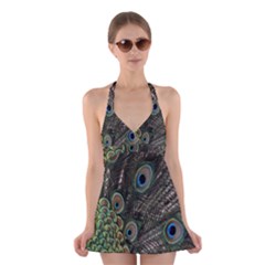 Close Up Of Peacock Feathers Halter Swimsuit Dress