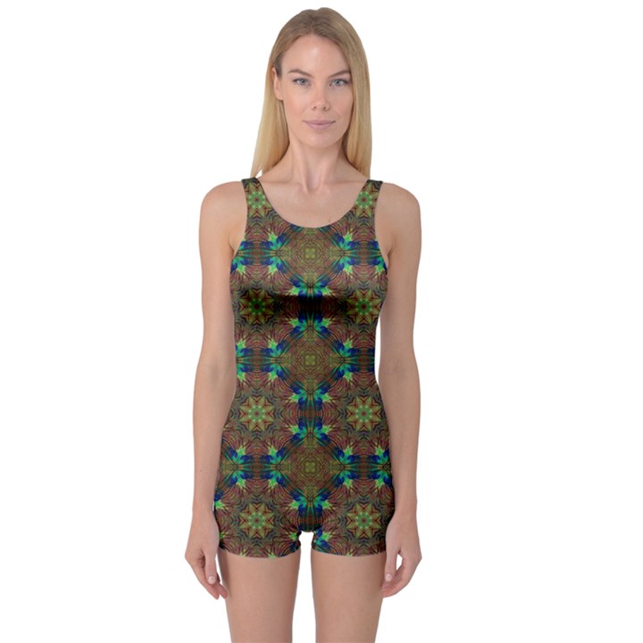 Seamless Abstract Peacock Feathers Abstract Pattern One Piece Boyleg Swimsuit