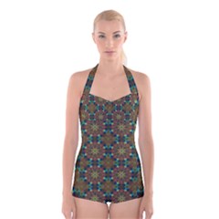 Seamless Abstract Peacock Feathers Abstract Pattern Boyleg Halter Swimsuit 