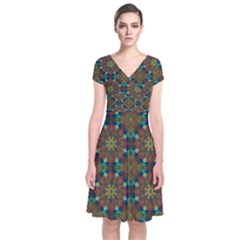 Seamless Abstract Peacock Feathers Abstract Pattern Short Sleeve Front Wrap Dress