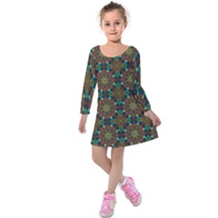 Seamless Abstract Peacock Feathers Abstract Pattern Kids  Long Sleeve Velvet Dress