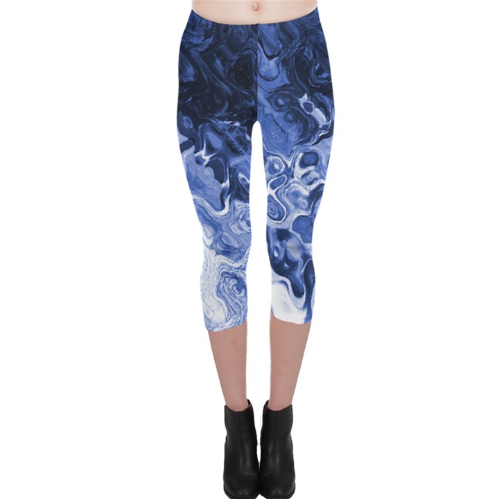 Blue Waves Abstract Art Capri Leggings 