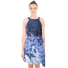 Blue Waves Abstract Art Halter Collar Waist Tie Chiffon Dress