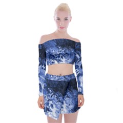 Blue Waves Abstract Art Off Shoulder Top With Skirt Set