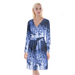 Blue Waves Abstract Art Long Sleeve Velvet Front Wrap Dress