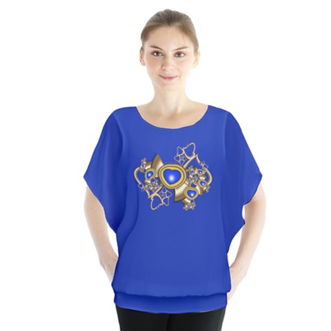 Bright Blue And Gold Hearts Batwing Chiffon Blouse by WolfepawFractals