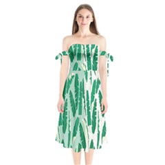 Banana Leaf Green Polka Dots Shoulder Tie Bardot Midi Dress