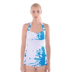 Blue Stain Spot Paint Boyleg Halter Swimsuit 