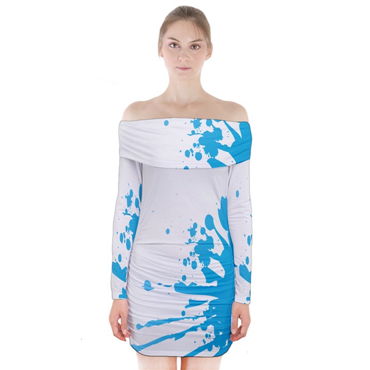 Blue Stain Spot Paint Long Sleeve Off Shoulder Dress