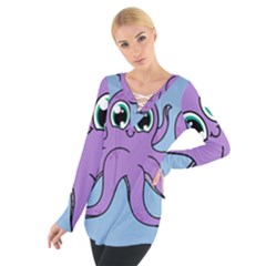 Colorful Cartoon Octopuses Pattern Fear Animals Sea Purple Women s Tie Up Tee by Mariart