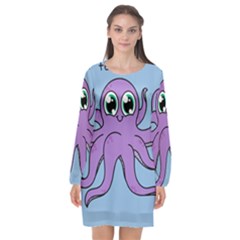 Colorful Cartoon Octopuses Pattern Fear Animals Sea Purple Long Sleeve Chiffon Shift Dress  by Mariart